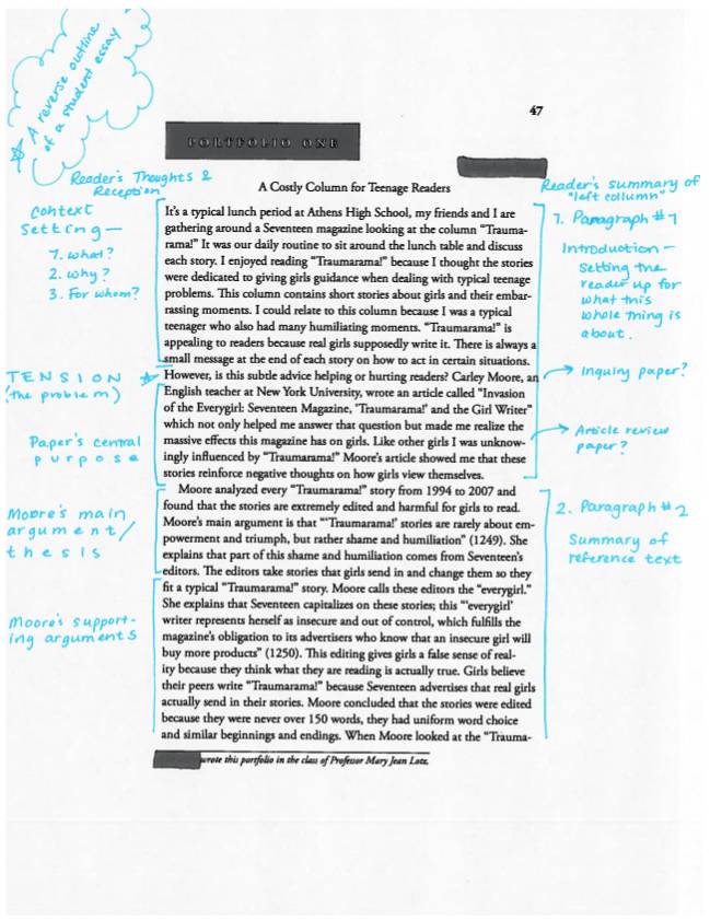 this is a picture of a student sample essay with notes written on it by someone doing a reverse outline. you can click the link in the text box to download the full paper and all its notations.